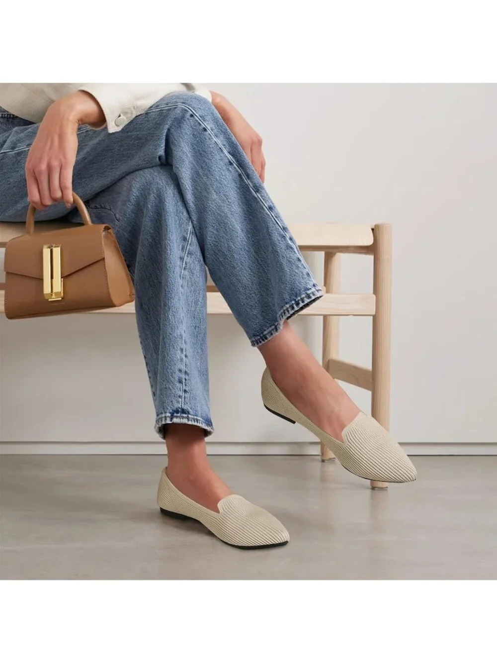 Women's Beige Pointed Toe Knit Ballet Flats Washable Important Work Shoes